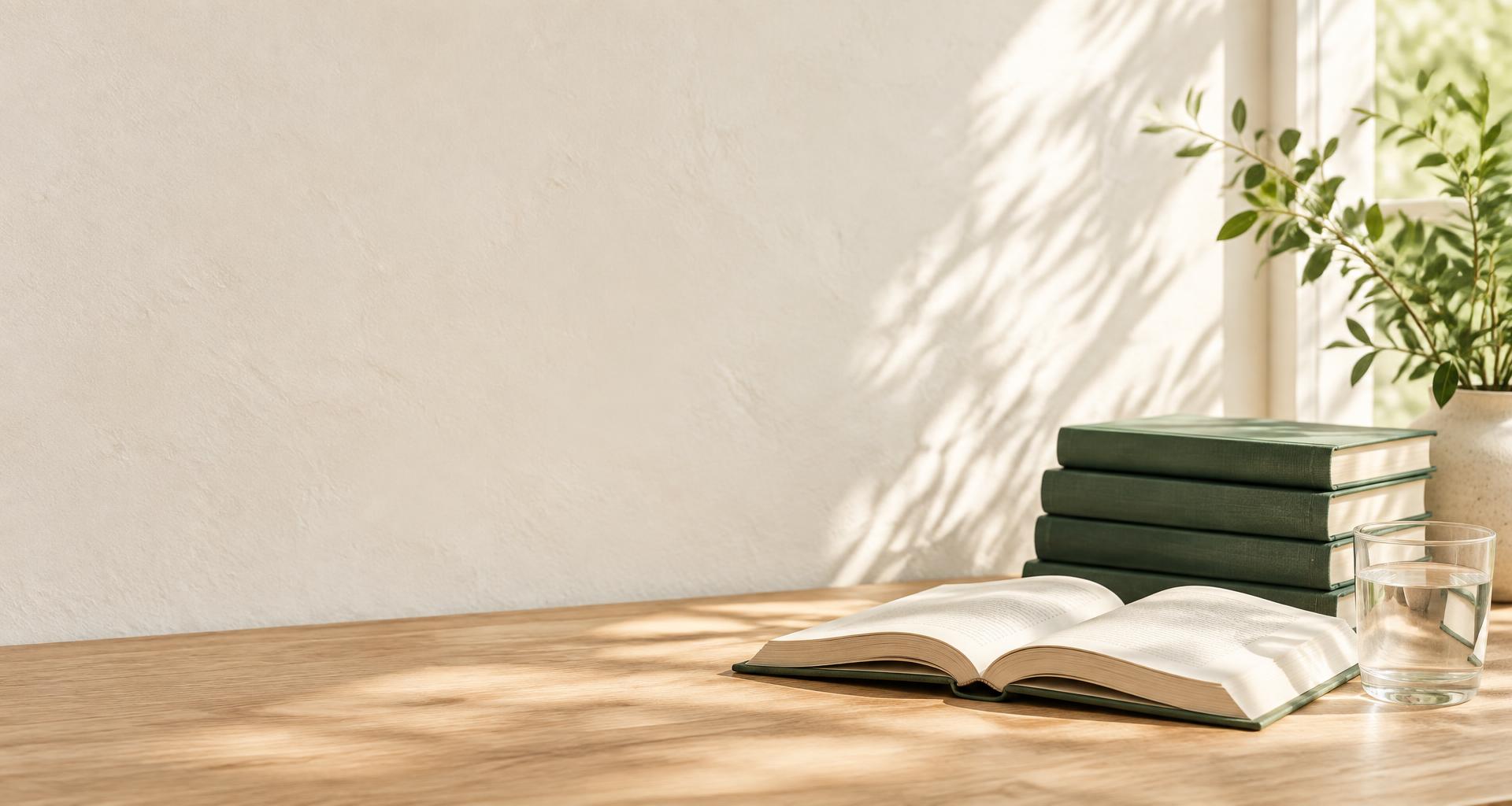 Books and an open guide on a sunlit reading desk